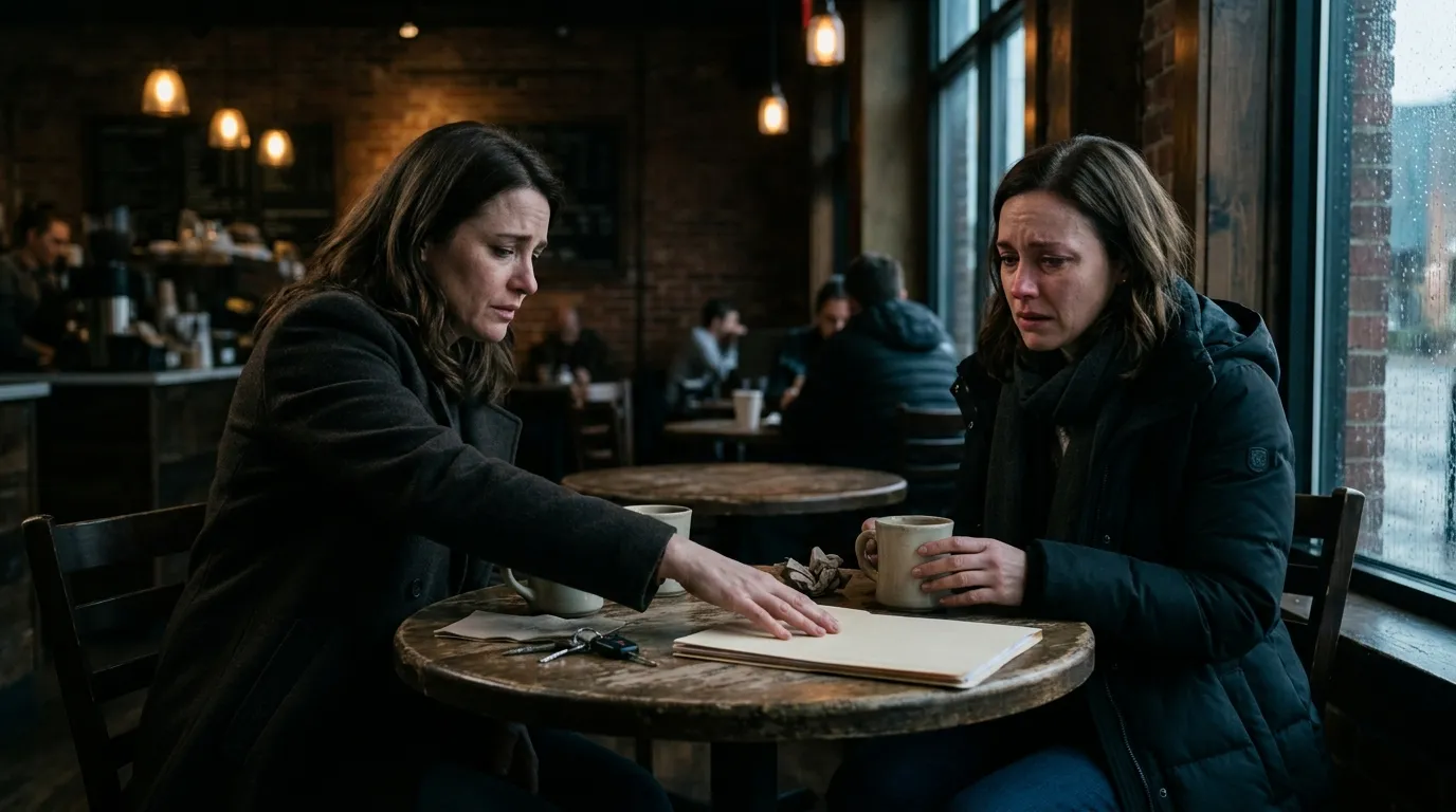 Two women sitting opposite each other at a small, moody coffee shop table