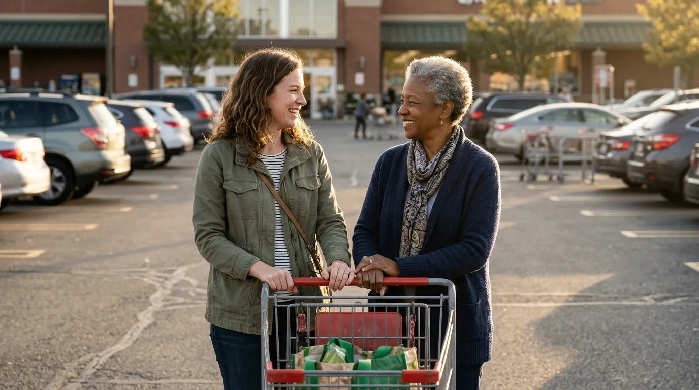 Two women standing together in a parking lot, holding a shopping cart