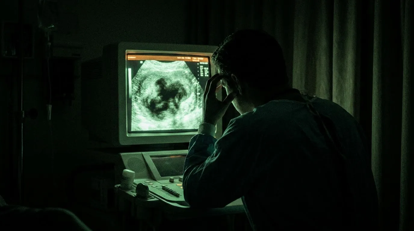Doctor looking at an unrecognizable mass on a glowing ultrasound screen