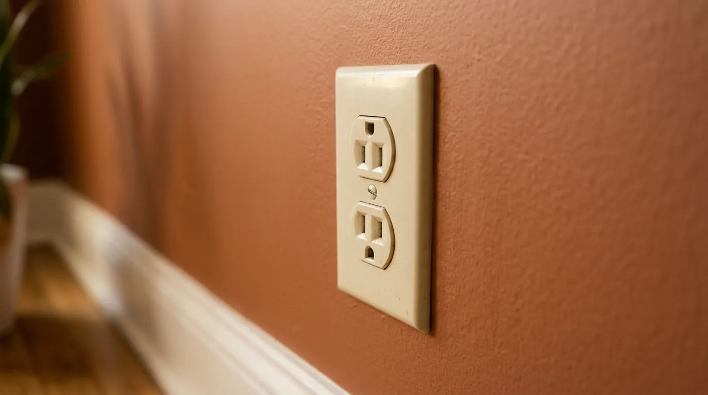 A standard North American electrical outlet installed upside down, resembling a surprised face