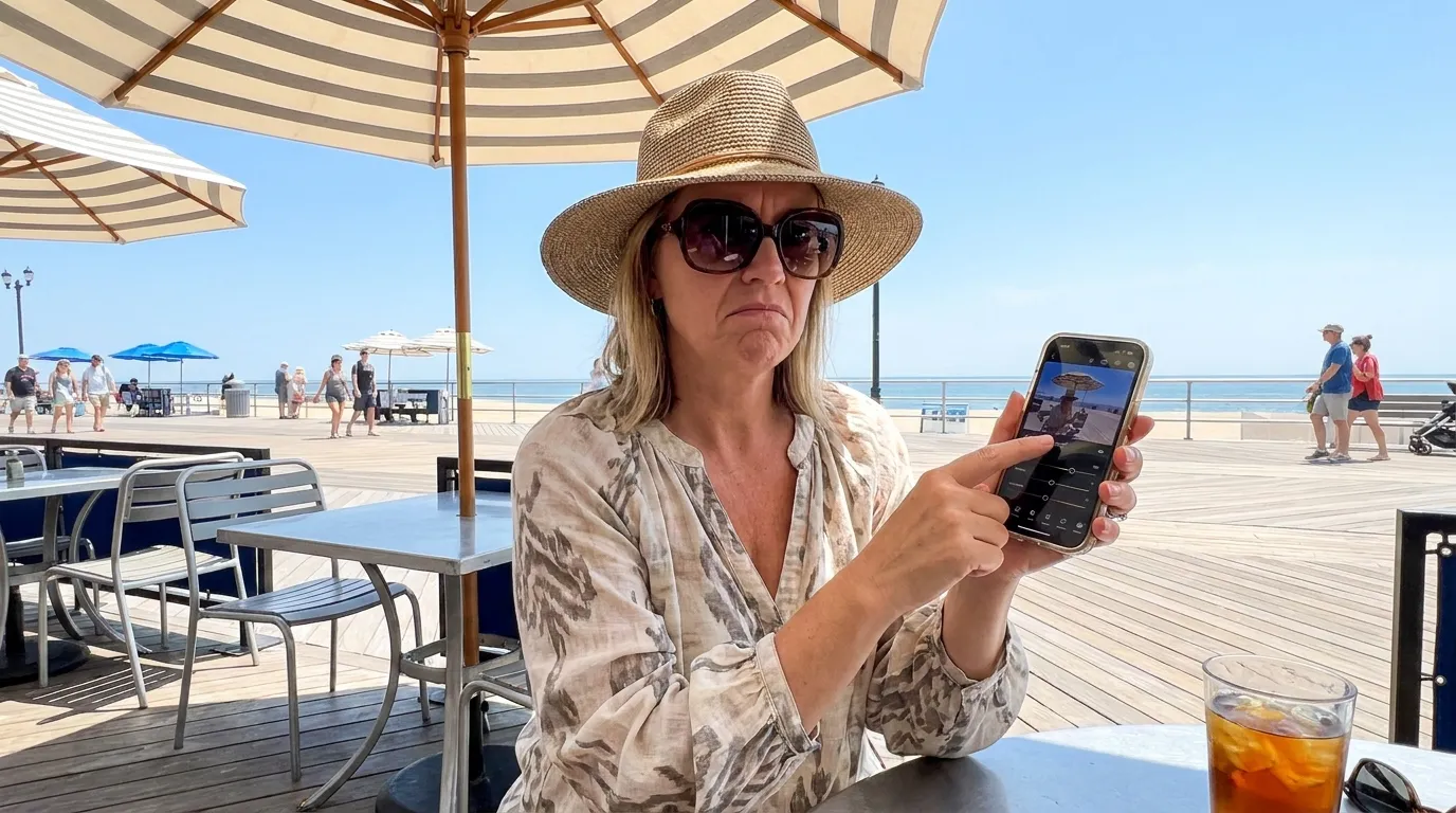 Vanessa sitting under a patio umbrella critically looking at her smartphone