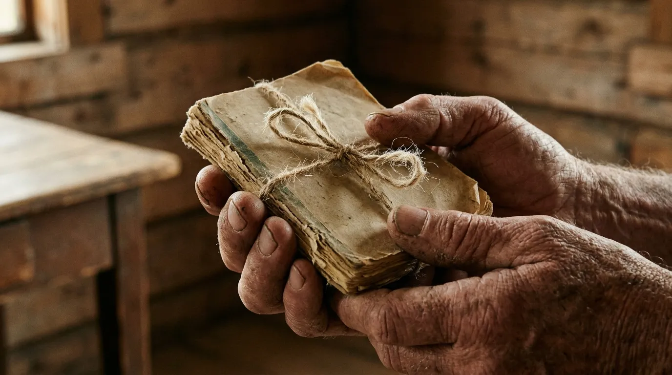 Worn hands holding a vintage recipe notebook tied with twine