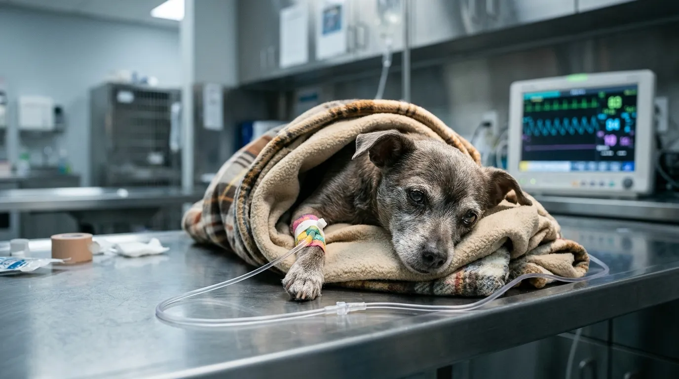A glowing medical monitor in a sterile veterinary clinic beside a dog wrapped in blankets