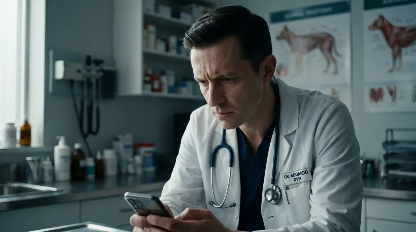 Edoardo the veterinarian looking terrified while watching the video on his phone
