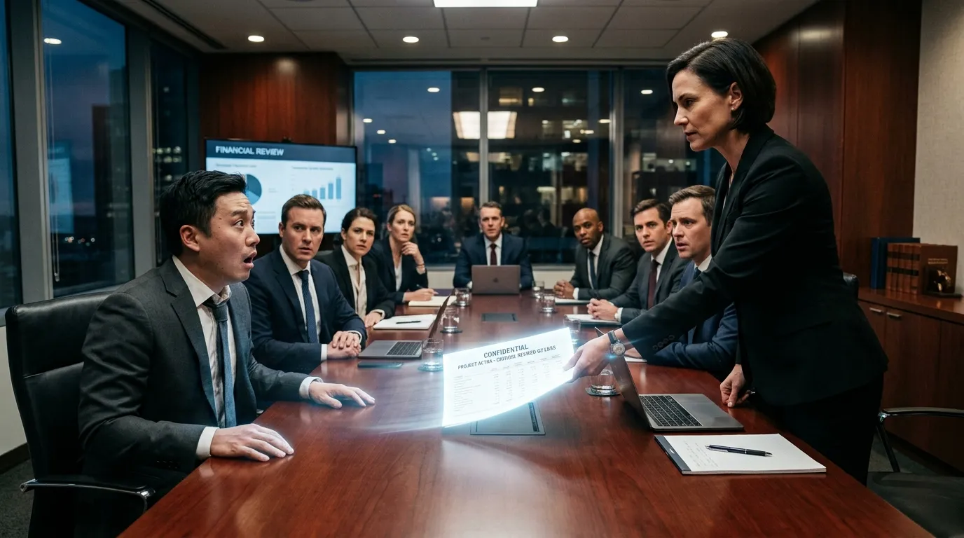 Victoria presenting financial documents to a shocked Sebastian in the boardroom