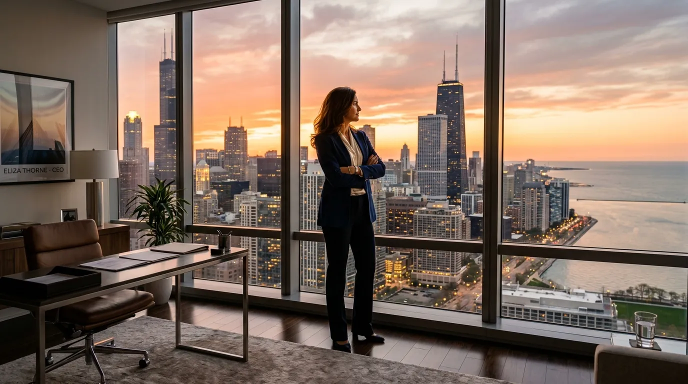 Victoria Carter looking out over the Chicago skyline from her penthouse office