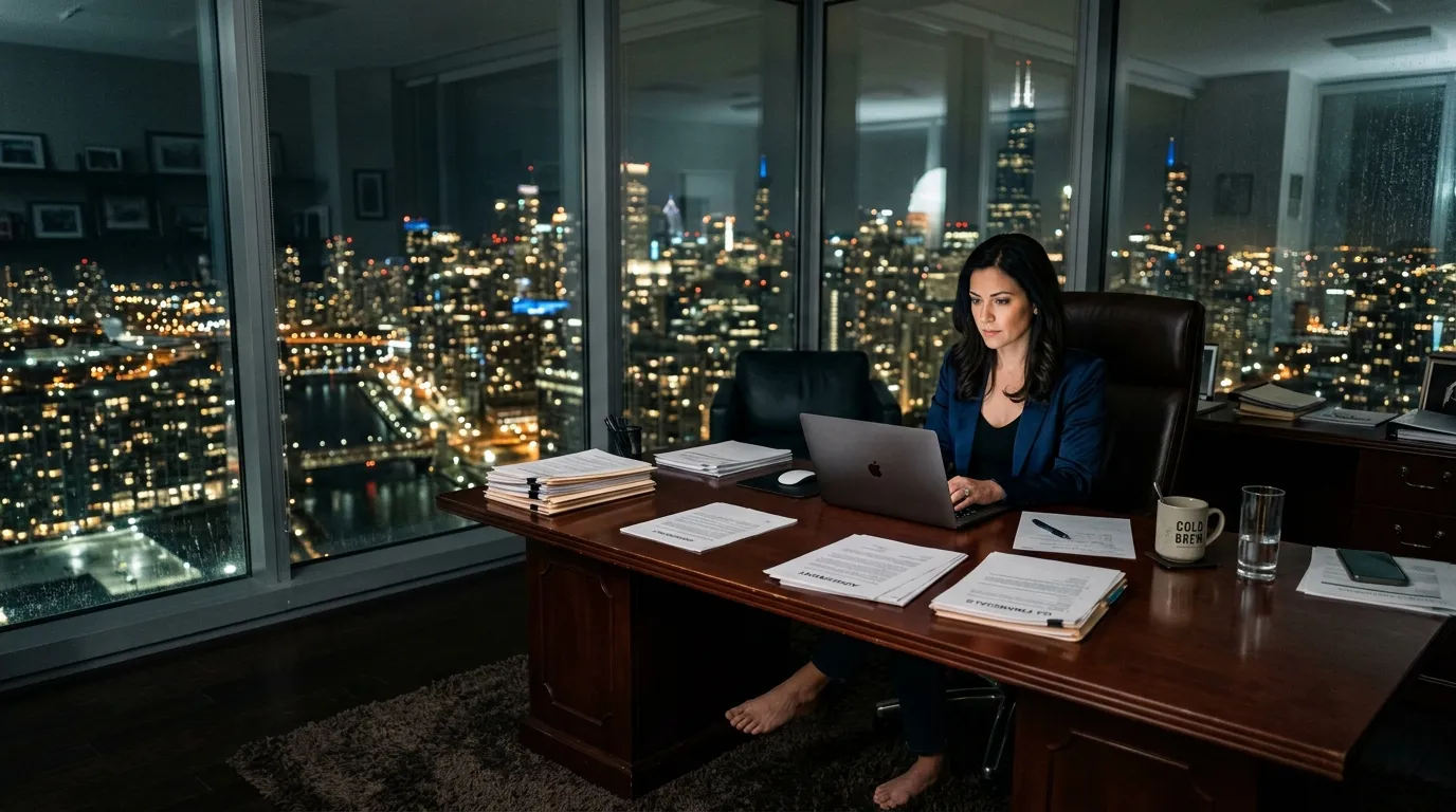 Victoria Carter working late in her Chicago high-rise office