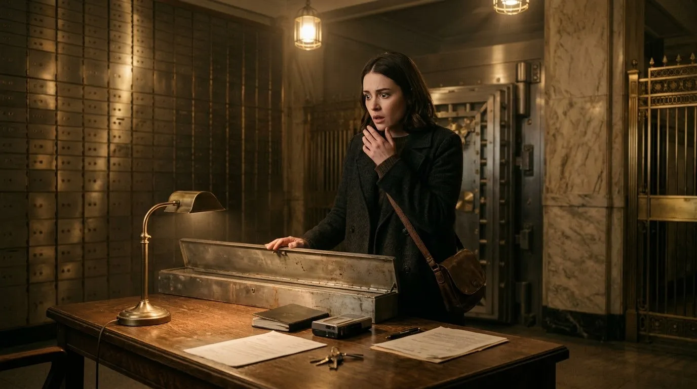 Inside a dimly lit bank vault, an open metal deposit box reveals a black notebook and a voice recorder