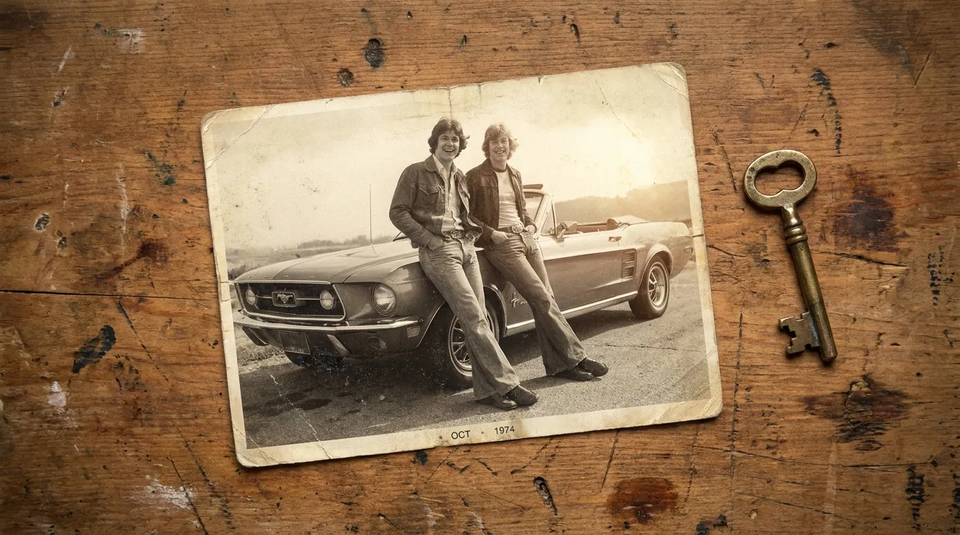 Vintage photograph of two brothers next to a classic car
