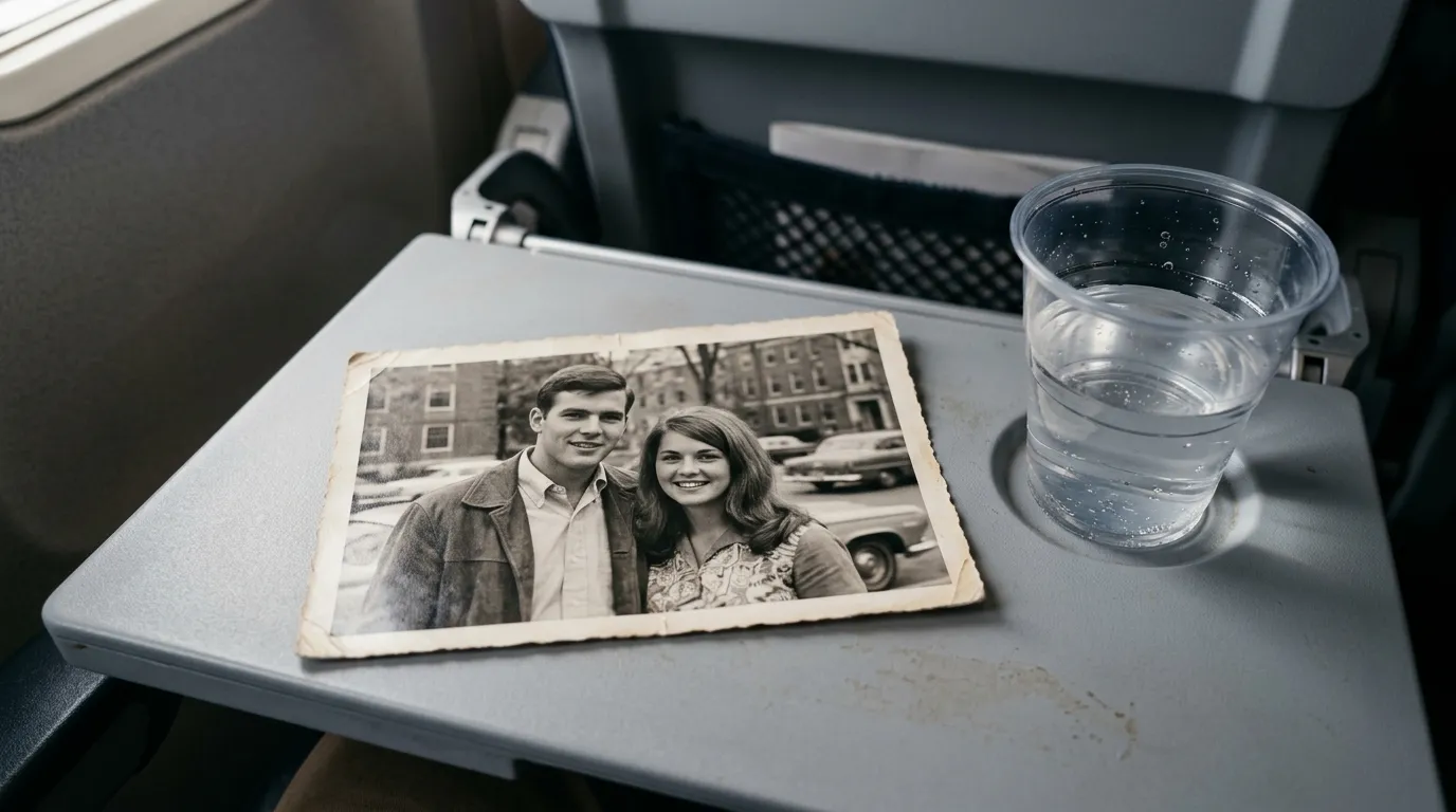 A vintage 1960s photograph of a young couple resting on an airplane tray table