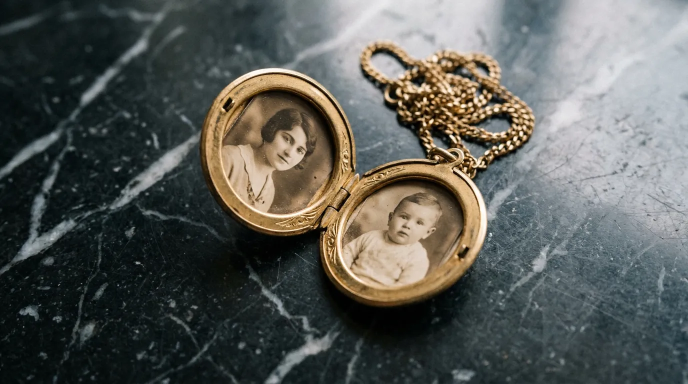 A vintage golden locket lying open on a dark marble table revealing two faded photos