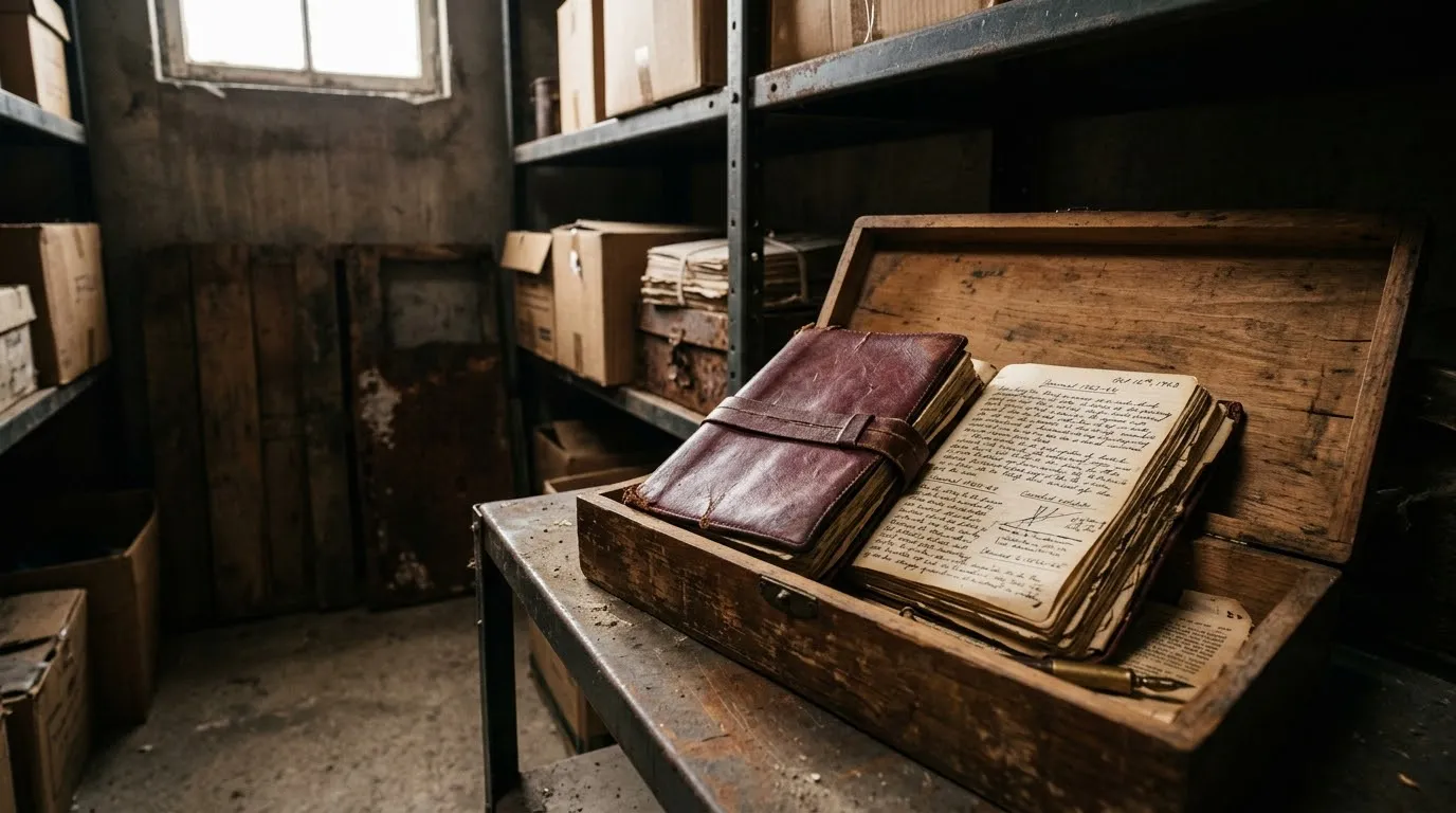 A well-worn burgundy leather notebook resting inside a small wooden box in a sunlit storage unit