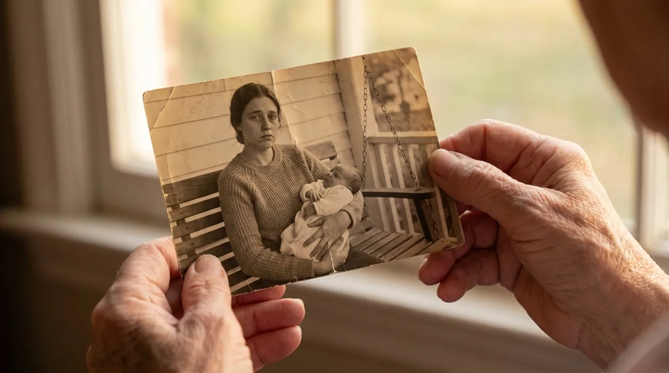 A pair of hands holding a vintage photograph of a tired teenage girl holding a newborn baby.