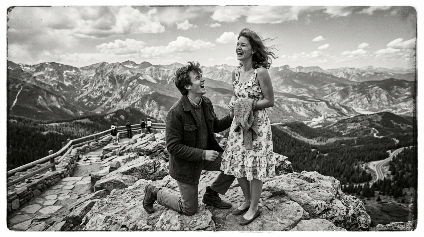 Vintage photo of a young couple at a mountain overlook