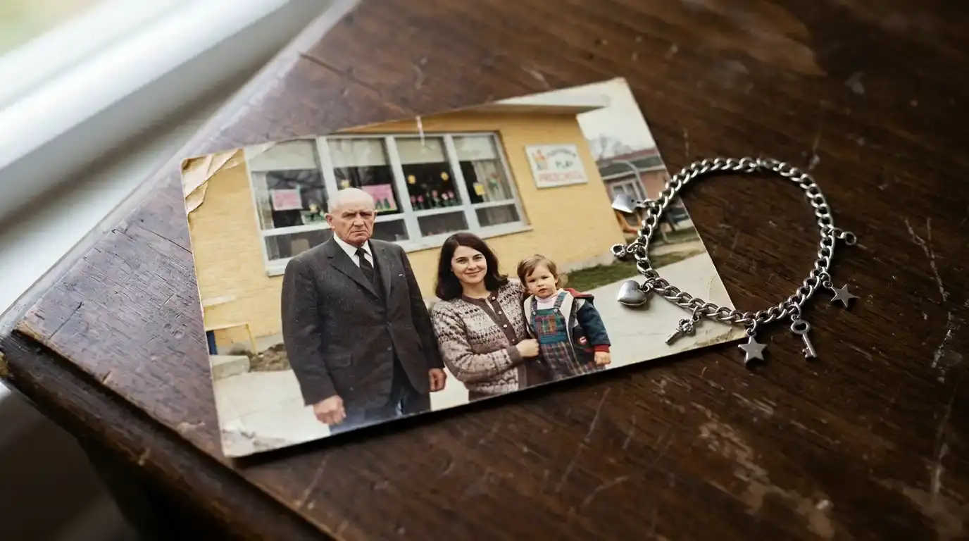 A vintage photo of an elderly man, a dark-haired woman, and a toddler outside a yellow brick building