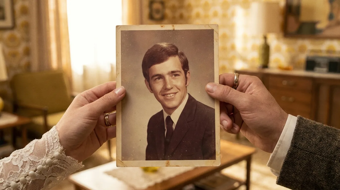 Vintage 1970s photo of a kind smiling man in a dark suit