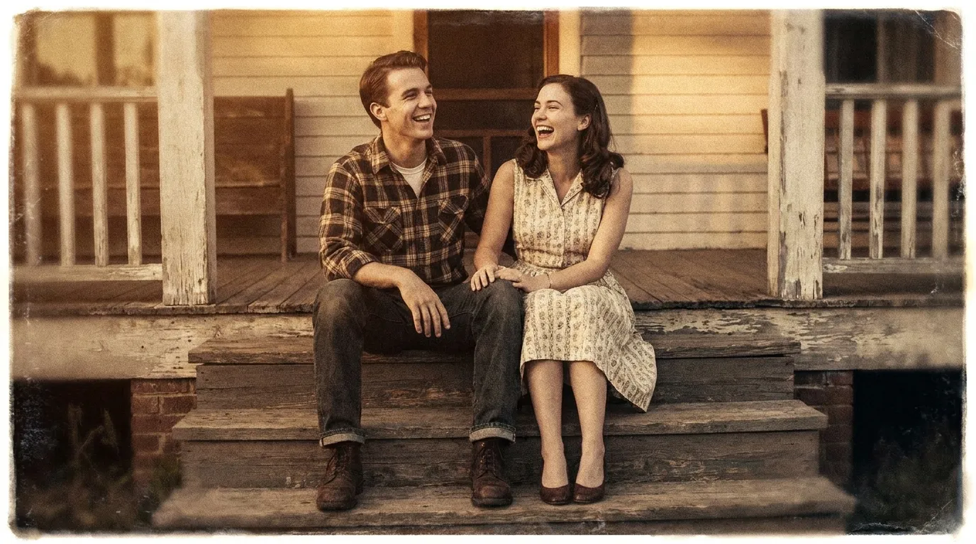 Young couple sitting on a vintage porch at dusk