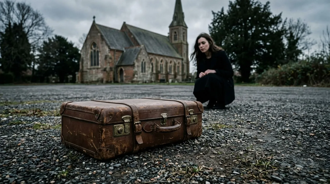 A worn brown leather suitcase sitting on the gravel of a church parking lot