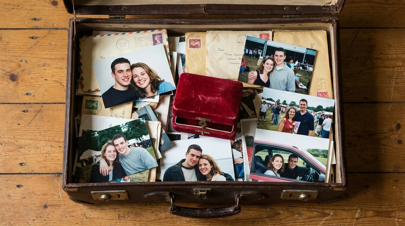 An open vintage suitcase filled with old photographs, envelopes, and a red velvet box