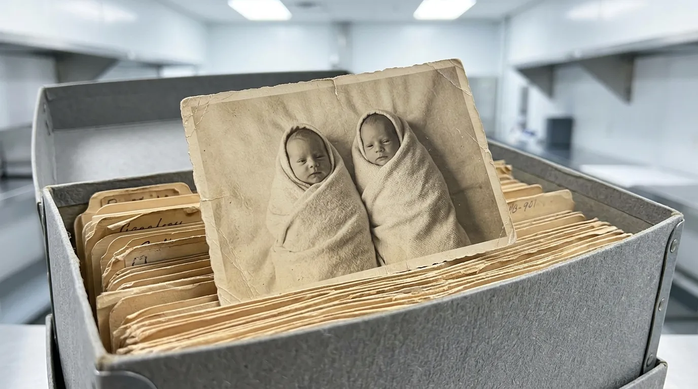 A vintage black and white photograph of twin babies wrapped in identical blankets