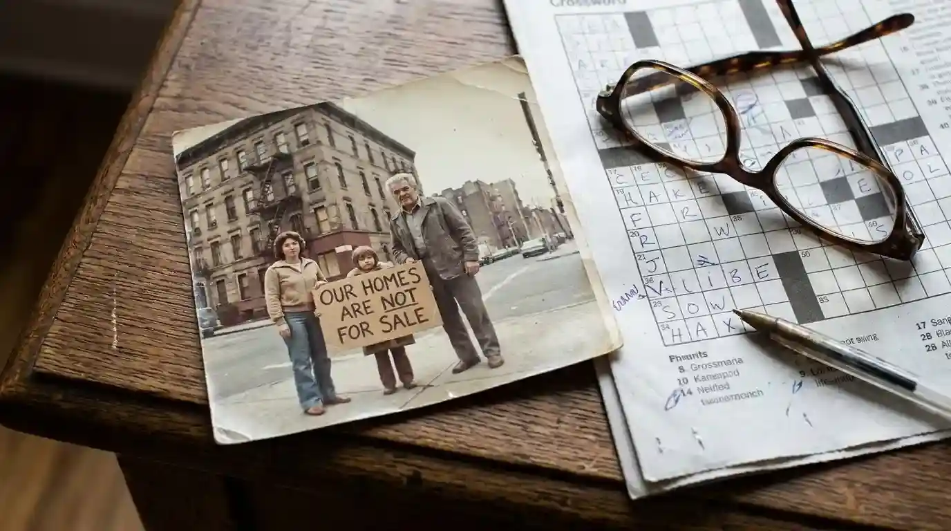 A vintage photo of an elderly man with a woman holding an OUR HOMES ARE NOT FOR SALE sign