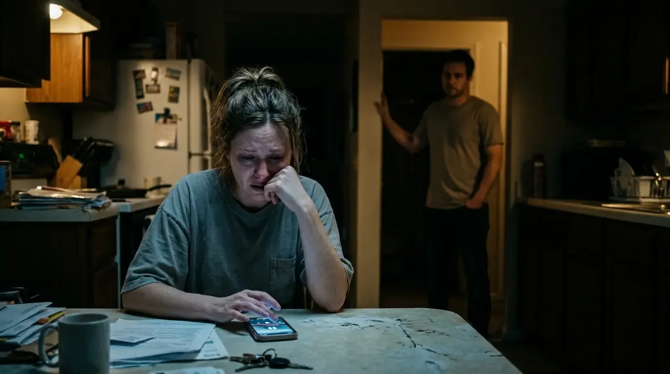 Mother looking at a viral video on her phone in a dark kitchen