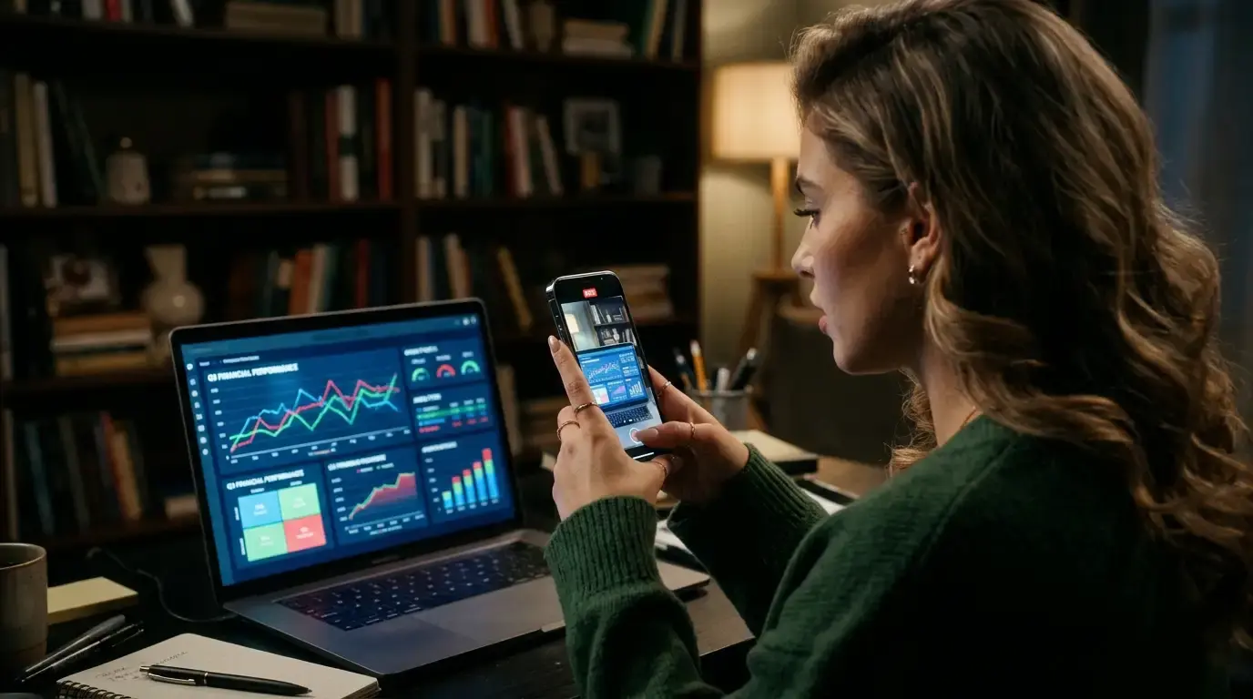 A woman holding a smartphone recording a corporate laptop screen in a dark study