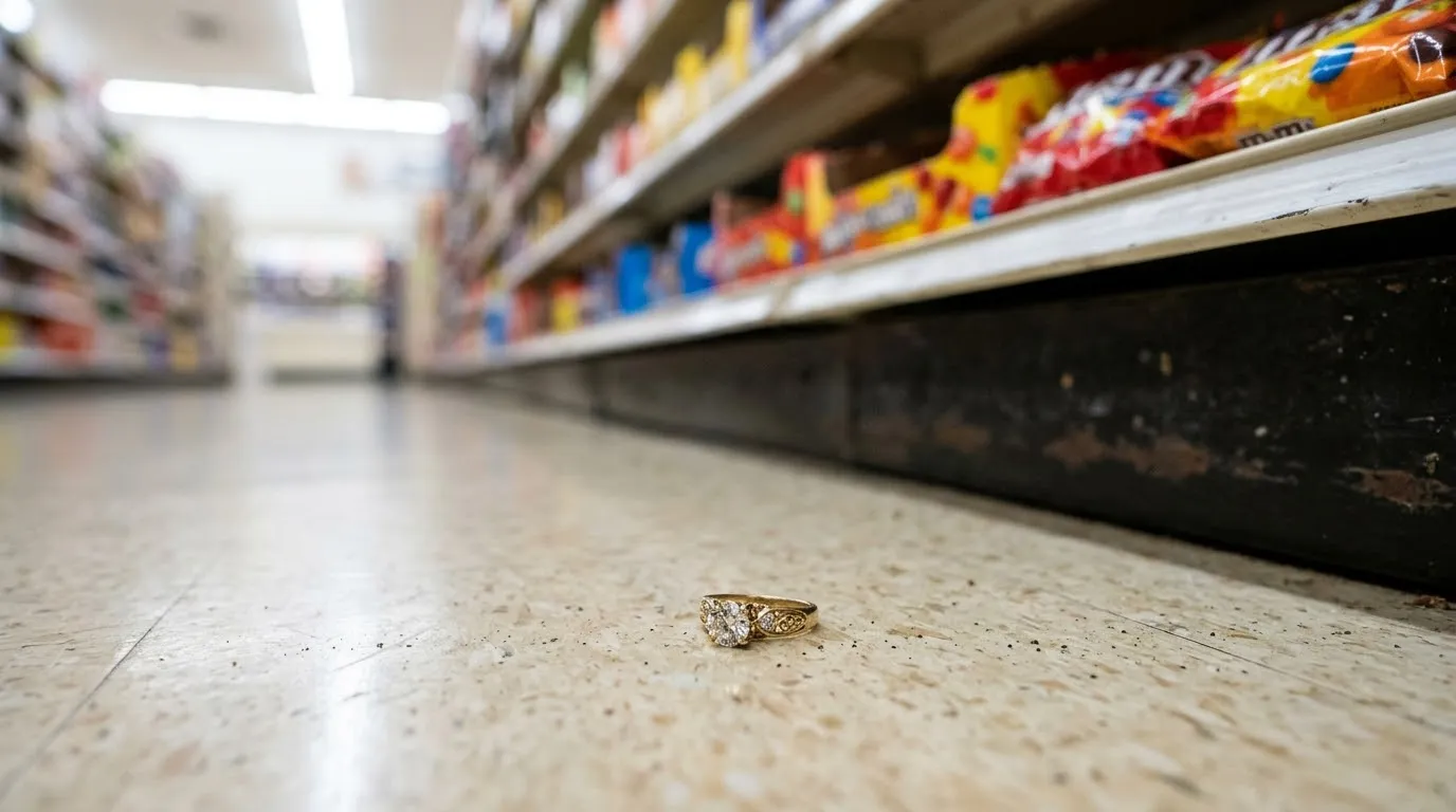 A sparkling diamond ring lying on a grocery store floor near candy aisles