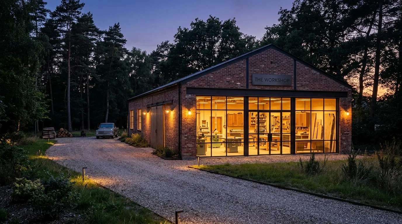 A beautifully restored industrial furniture workshop glowing with amber light at twilight, surrounded by peaceful trees.