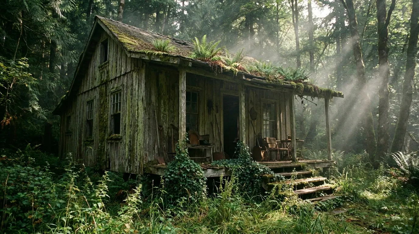 A weathered, rustic wooden cabin hidden deep in an overgrown forest.