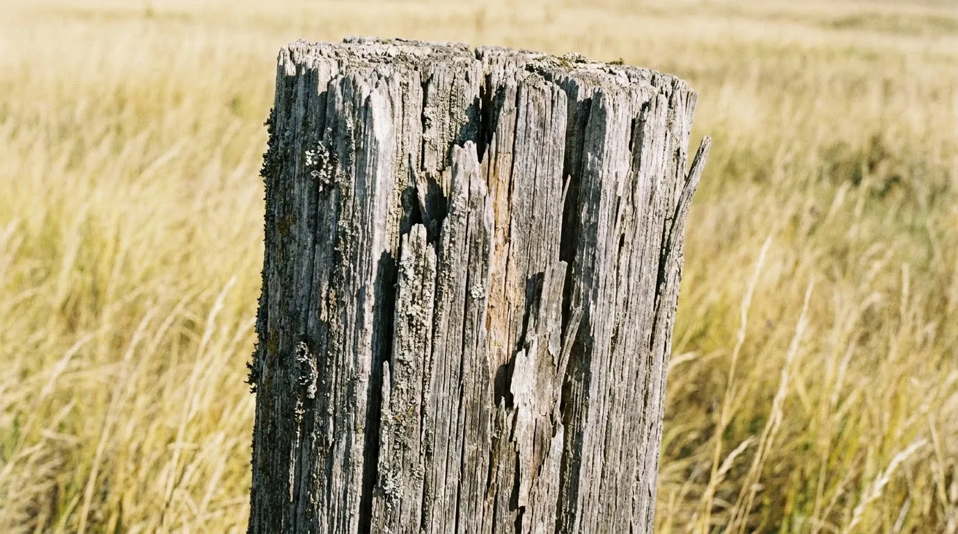 Close up of a sun-bleached, deeply cracked wooden fence post in a field of prairie grass