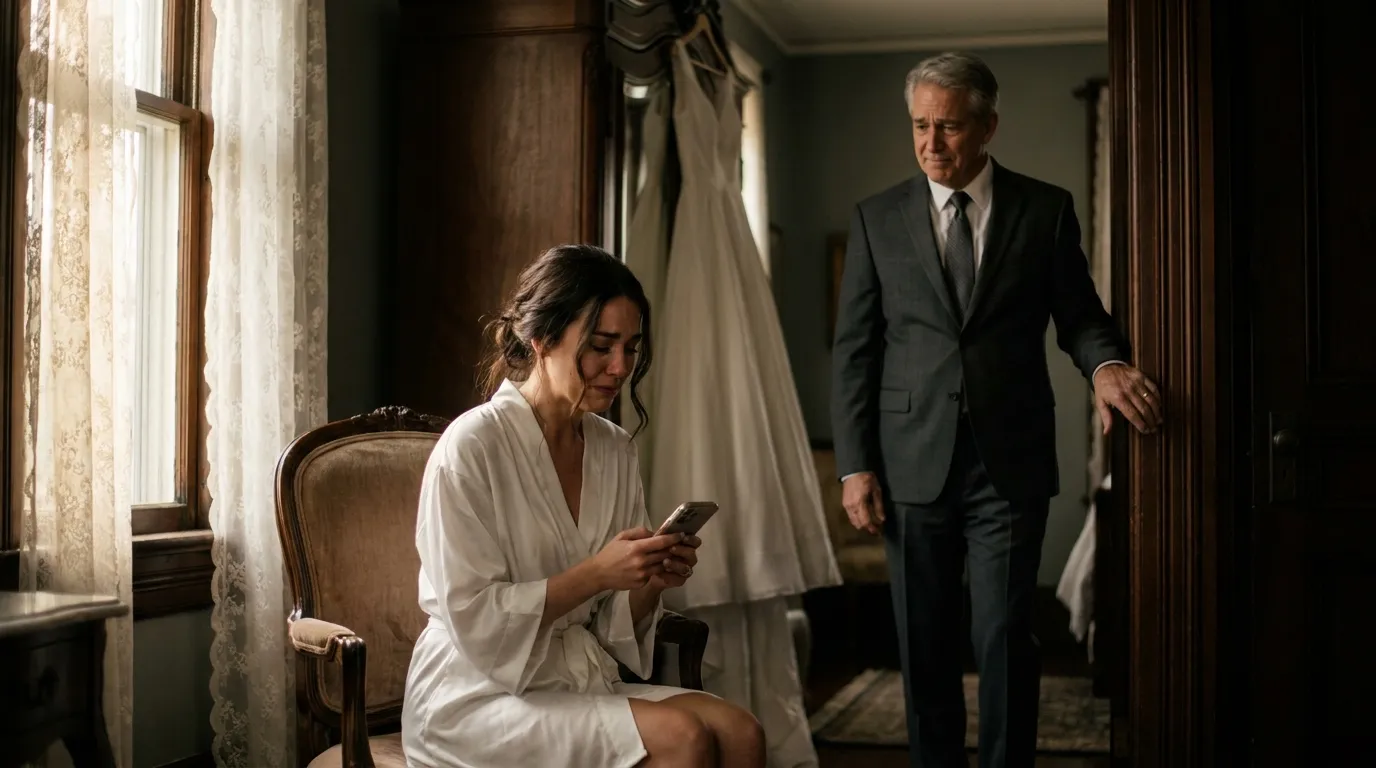 Emotional bride sitting in her dressing gown comforted by her uncle after her father cancels