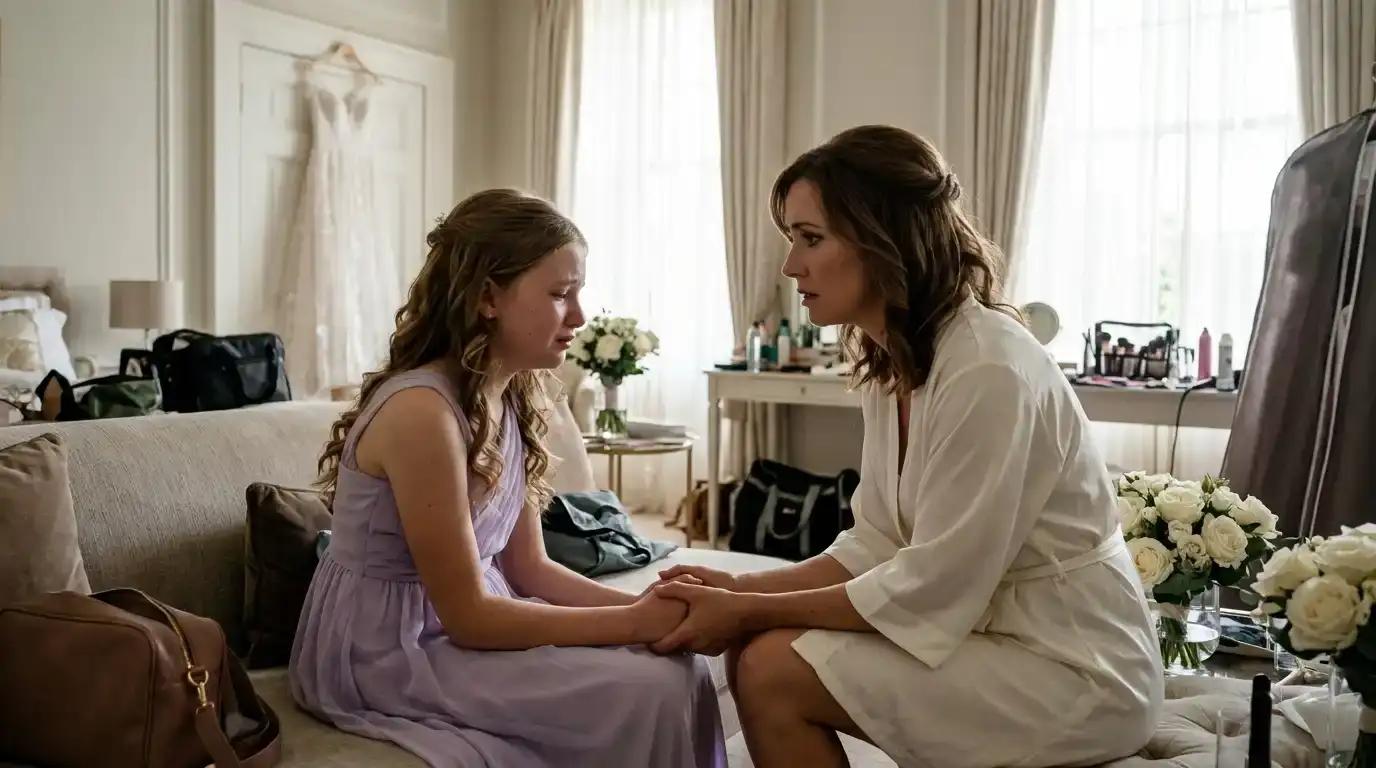 A bride comforts her tearful eleven-year-old daughter in a lavender dress in a sunlit bridal suite.
