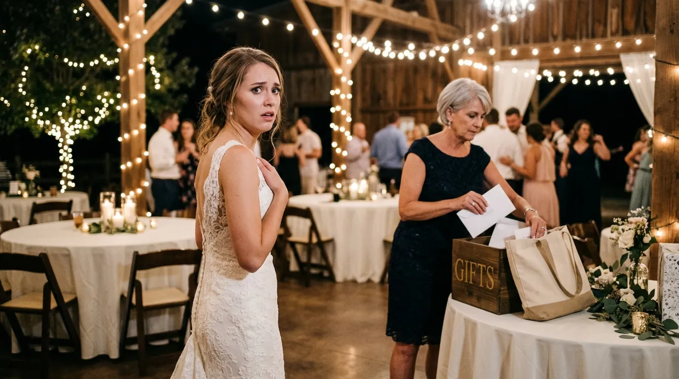 A bride looking shocked as her mother-in-law puts wedding envelopes into a tote bag