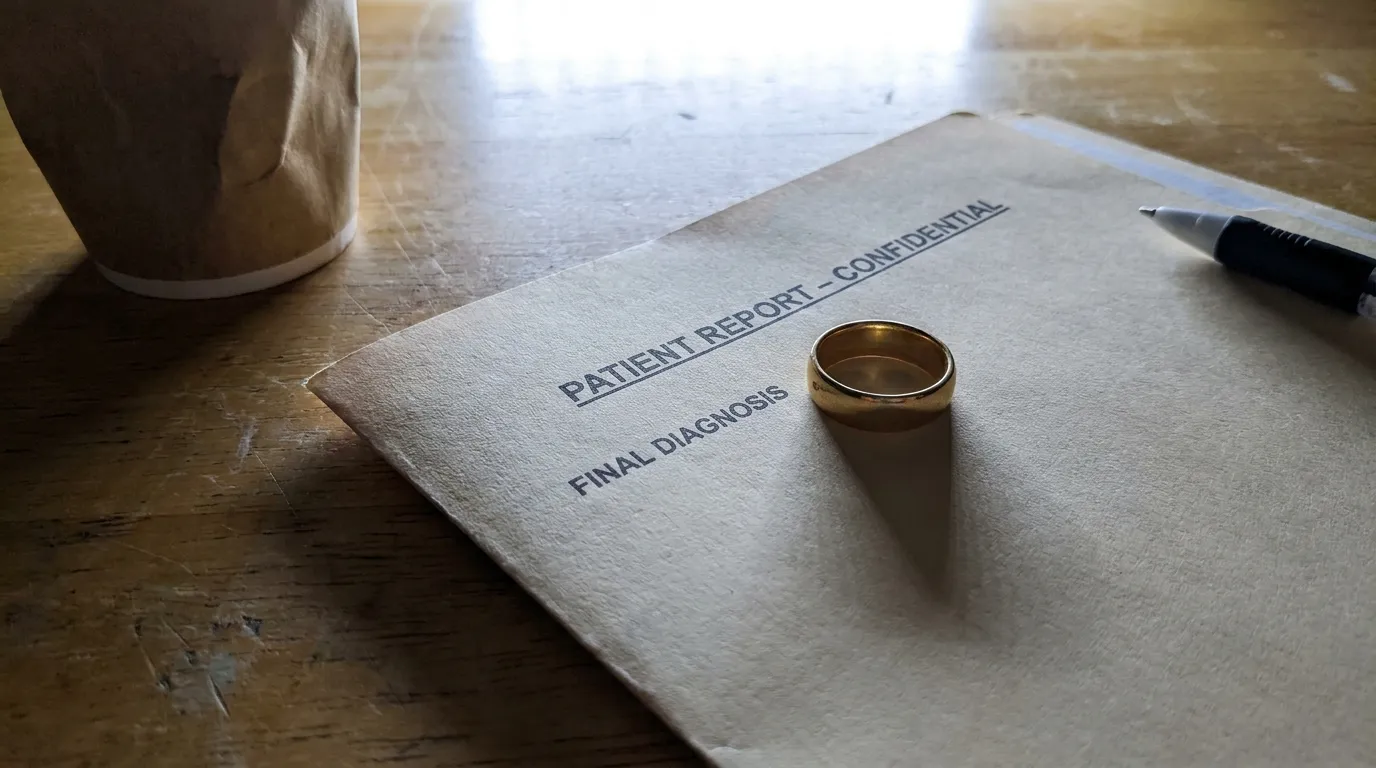 Gold wedding ring resting on top of a medical report