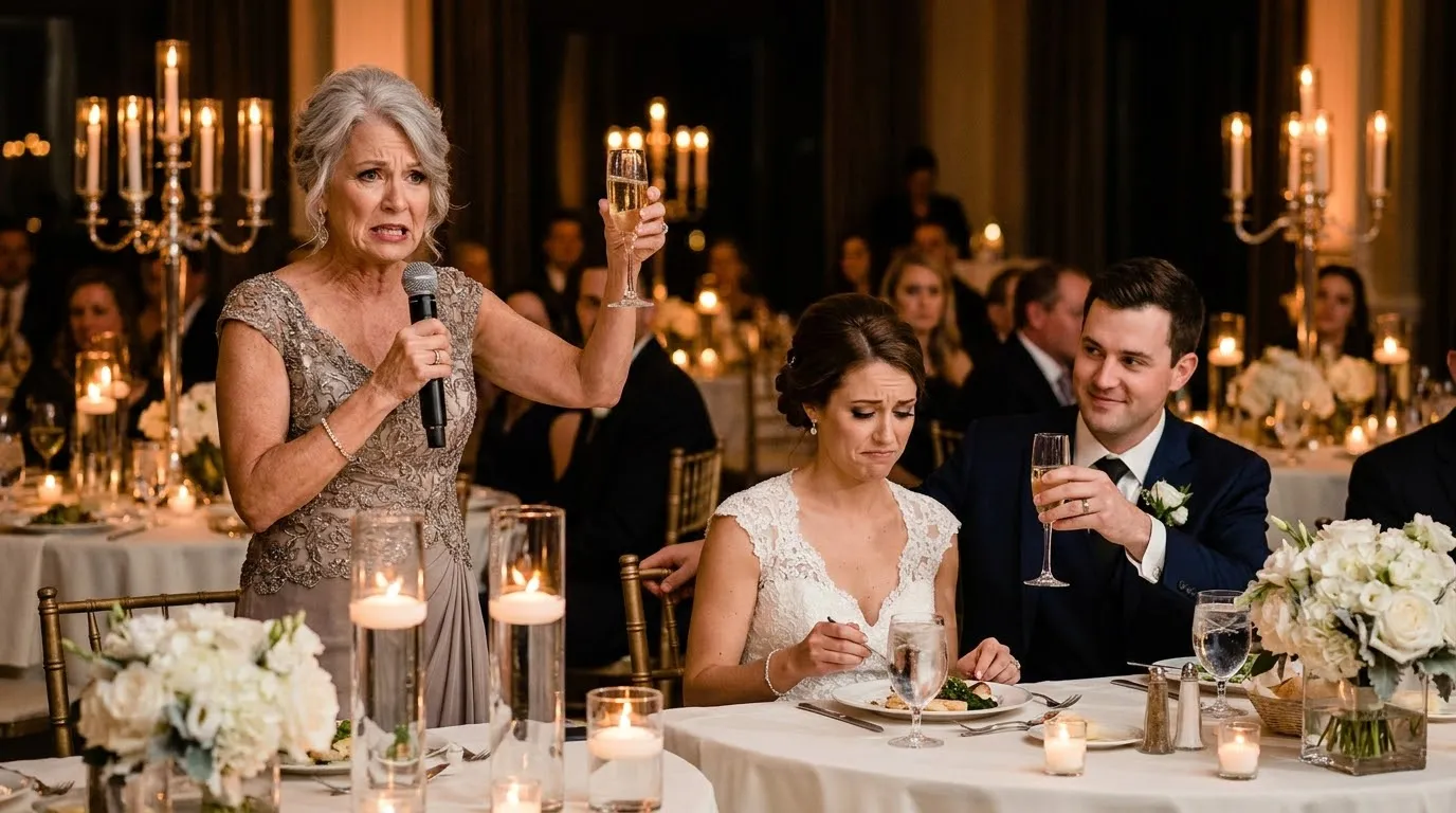 Mother raising a champagne glass at a wedding reception