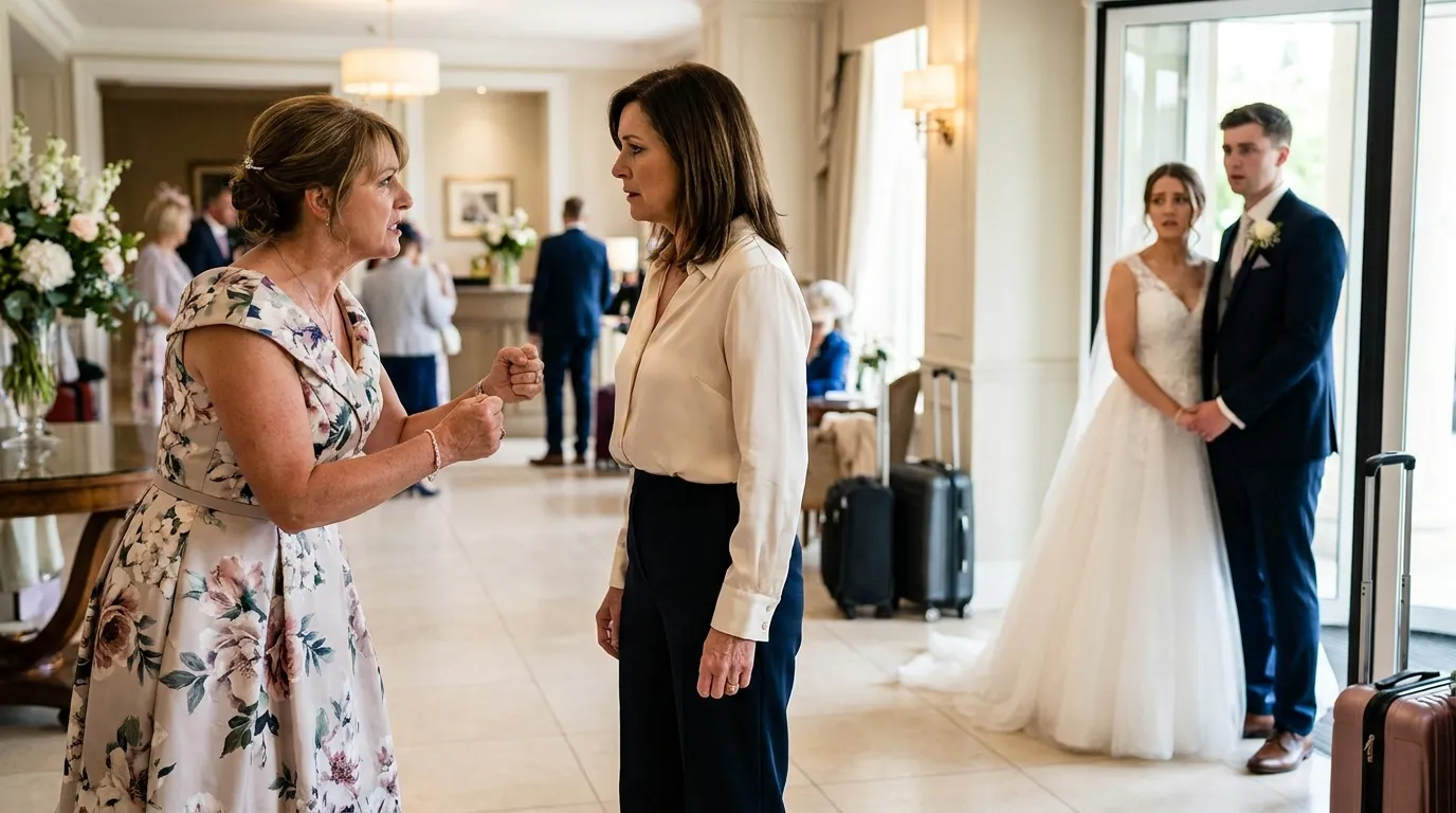 Mother of the bride confronting an unknown woman in the wedding venue lobby