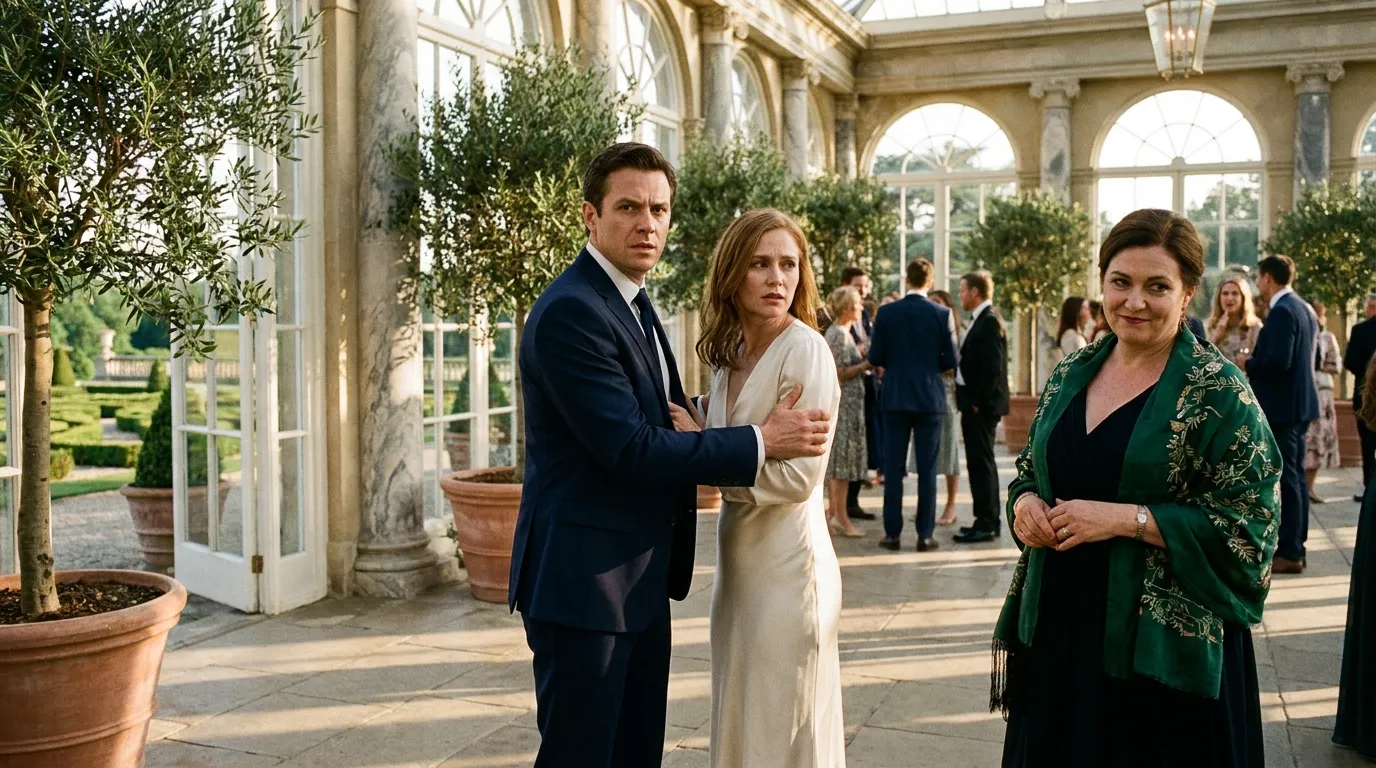 Ryan gripping Emma's arm in the luxurious indoor conservatory while Brooke smirks nearby