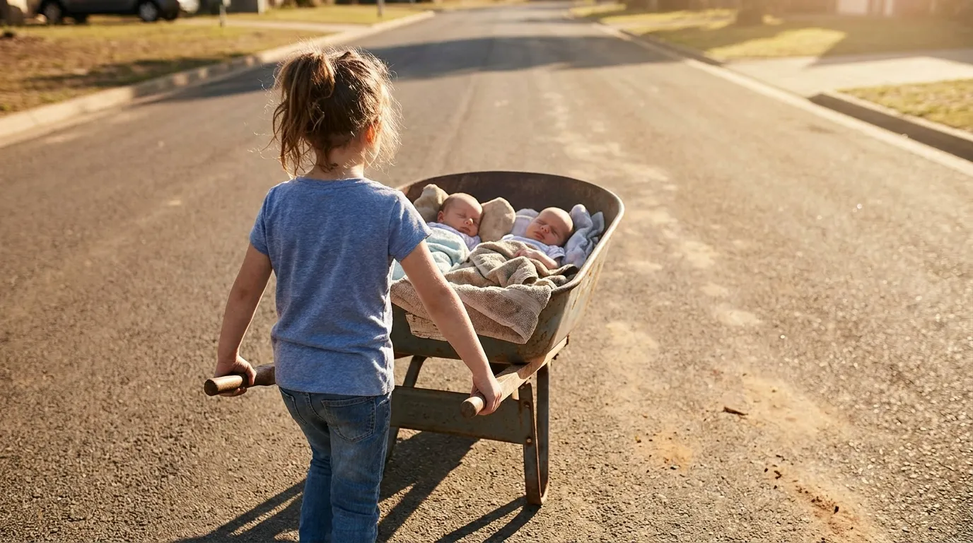 A small girl pushing a wheelbarrow holding two babies down a road