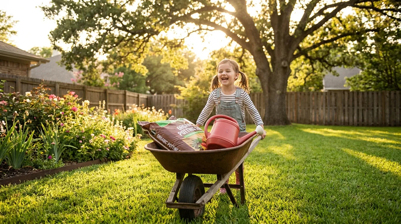 A girl pushing a wheelbarrow with a bag of soil and a watering can