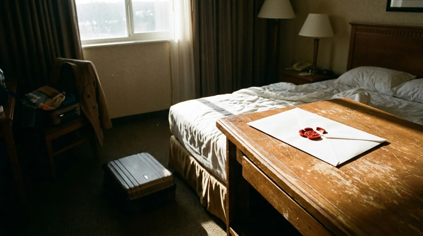 A stark white envelope resting on a wooden nightstand in a sunlit hotel room