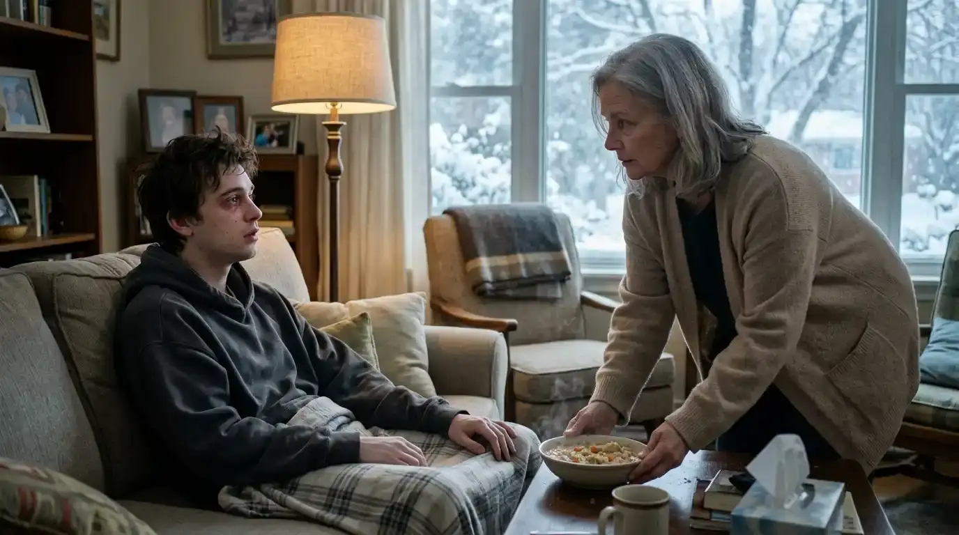 An older widow brings a steaming bowl of homemade chicken and rice stew to a sick young man resting under a blanket on her couch.