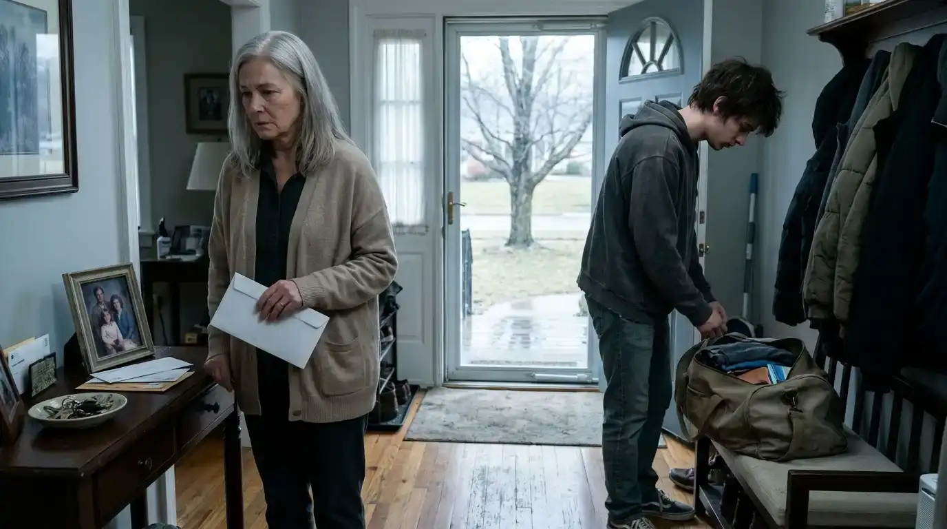 A silver-haired widow holds a legal envelope as a young man packs his belongings into a worn duffel bag near the front door.