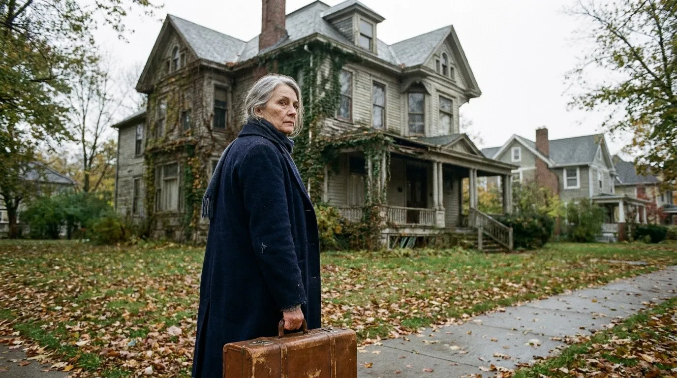 68-year-old woman in a modest navy wool coat standing on a suburban sidewalk holding a vintage suitcase