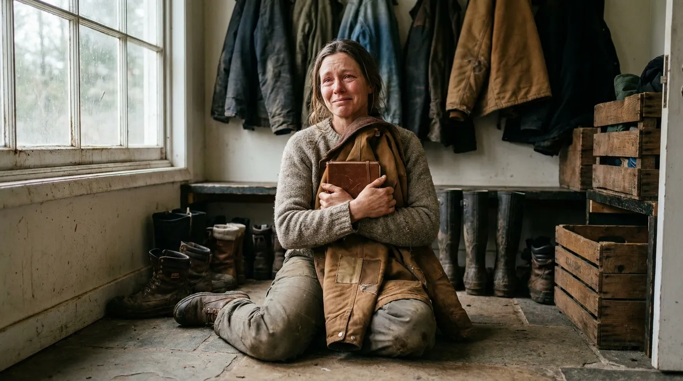 Grieving woman holding a brown chore coat and small notebook