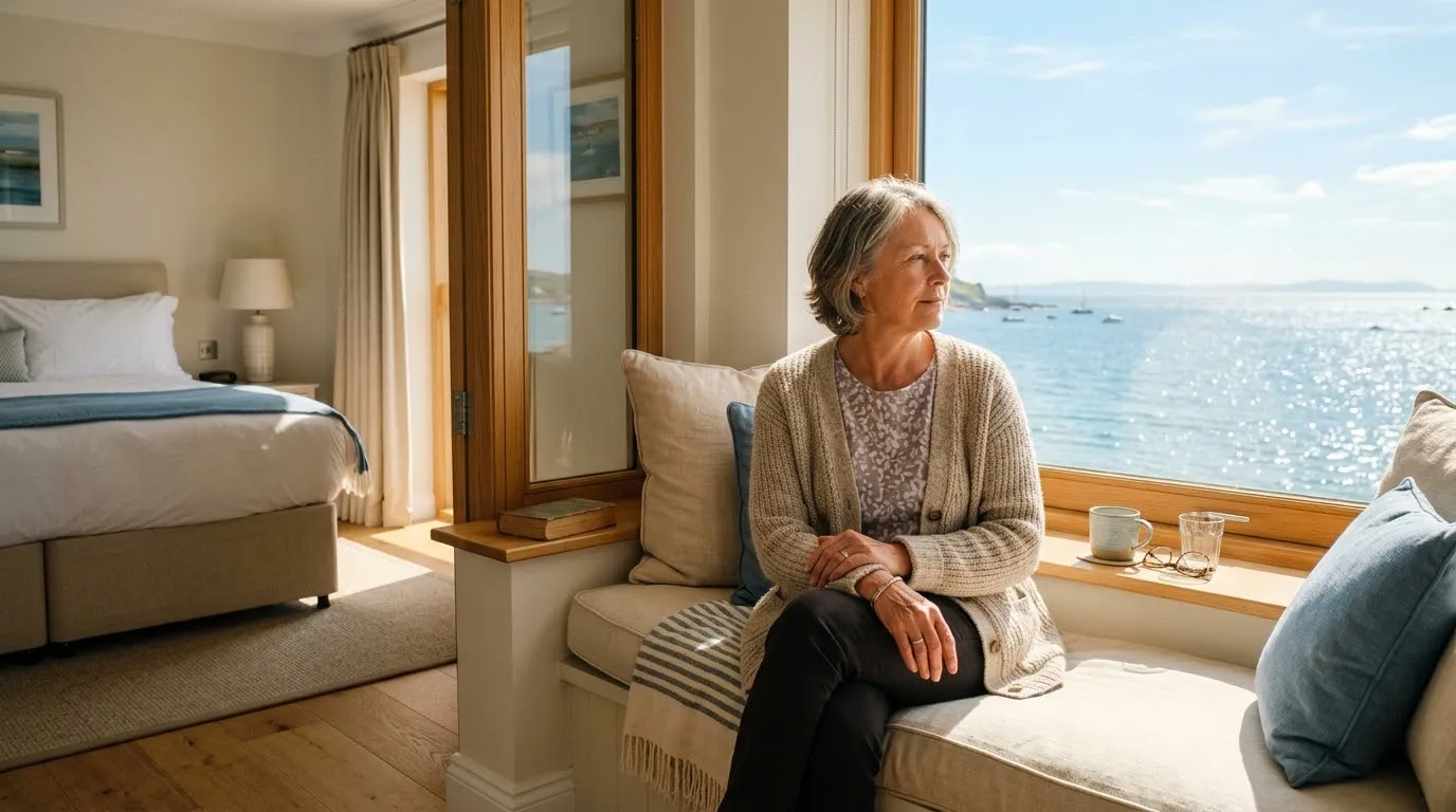 Older woman sitting thoughtfully on a window seat looking at the ocean