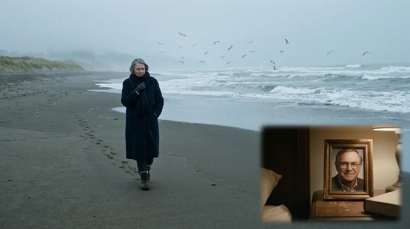 Evelyn walking along the winter coastline in a wool coat
