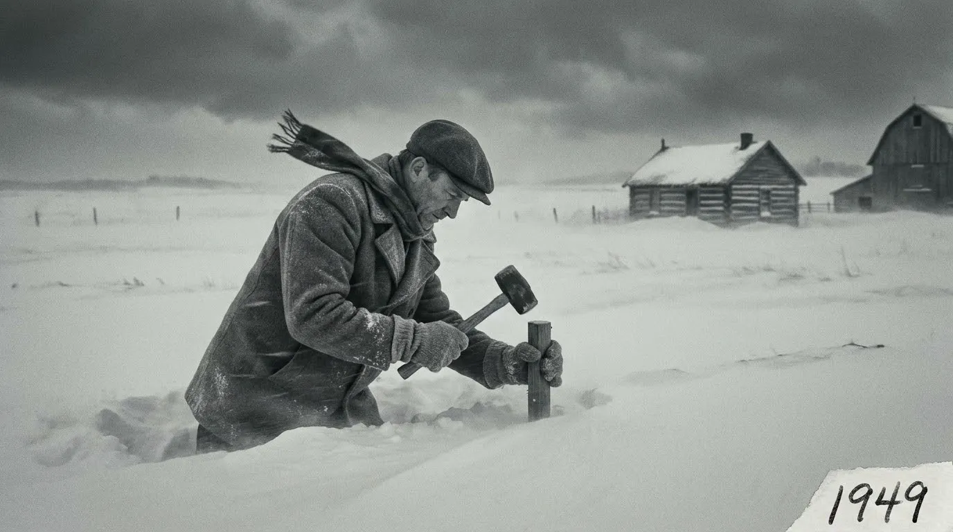 A young rancher hammering a fence post during a brutal 1949 snowstorm