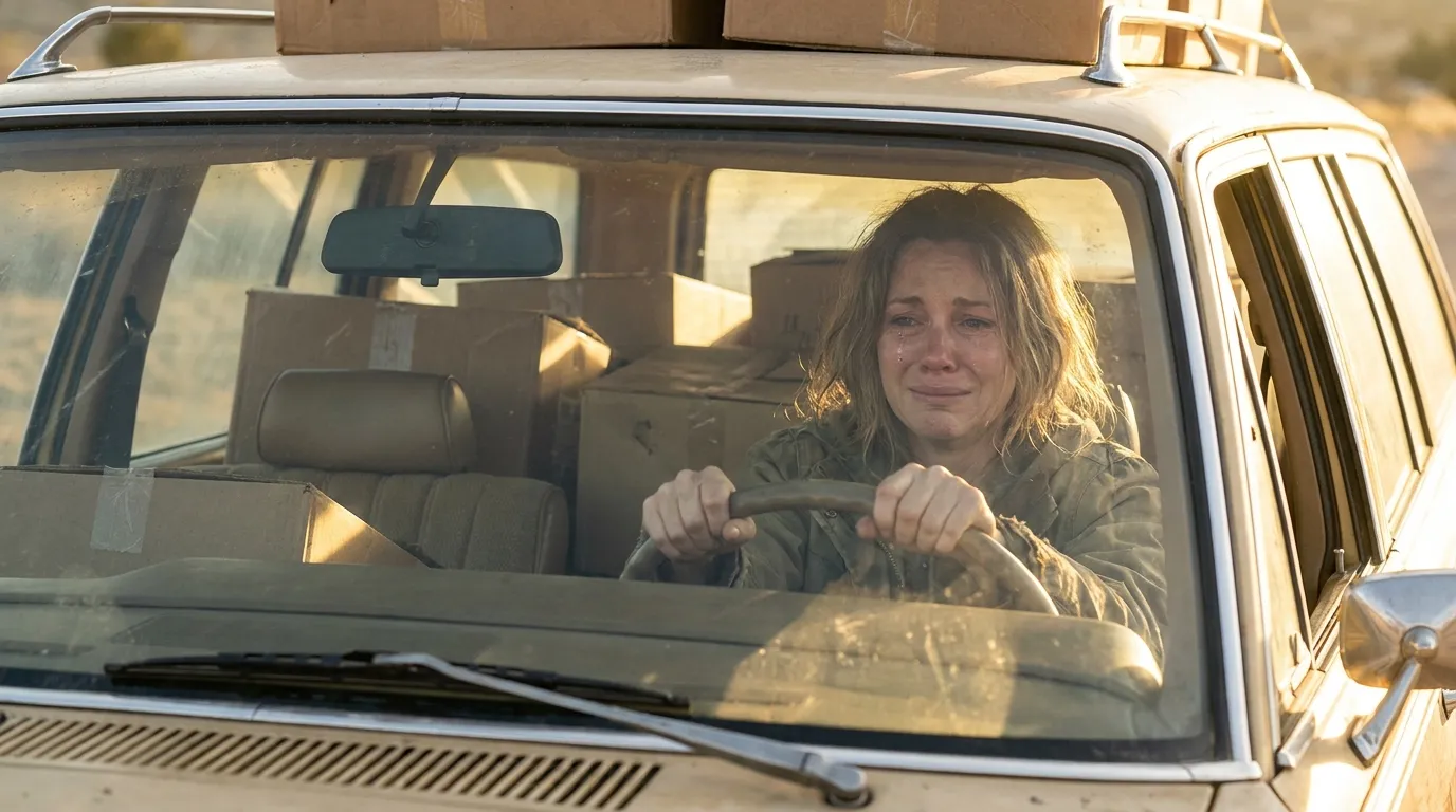 A woman crying tears of relief behind the steering wheel of a packed car