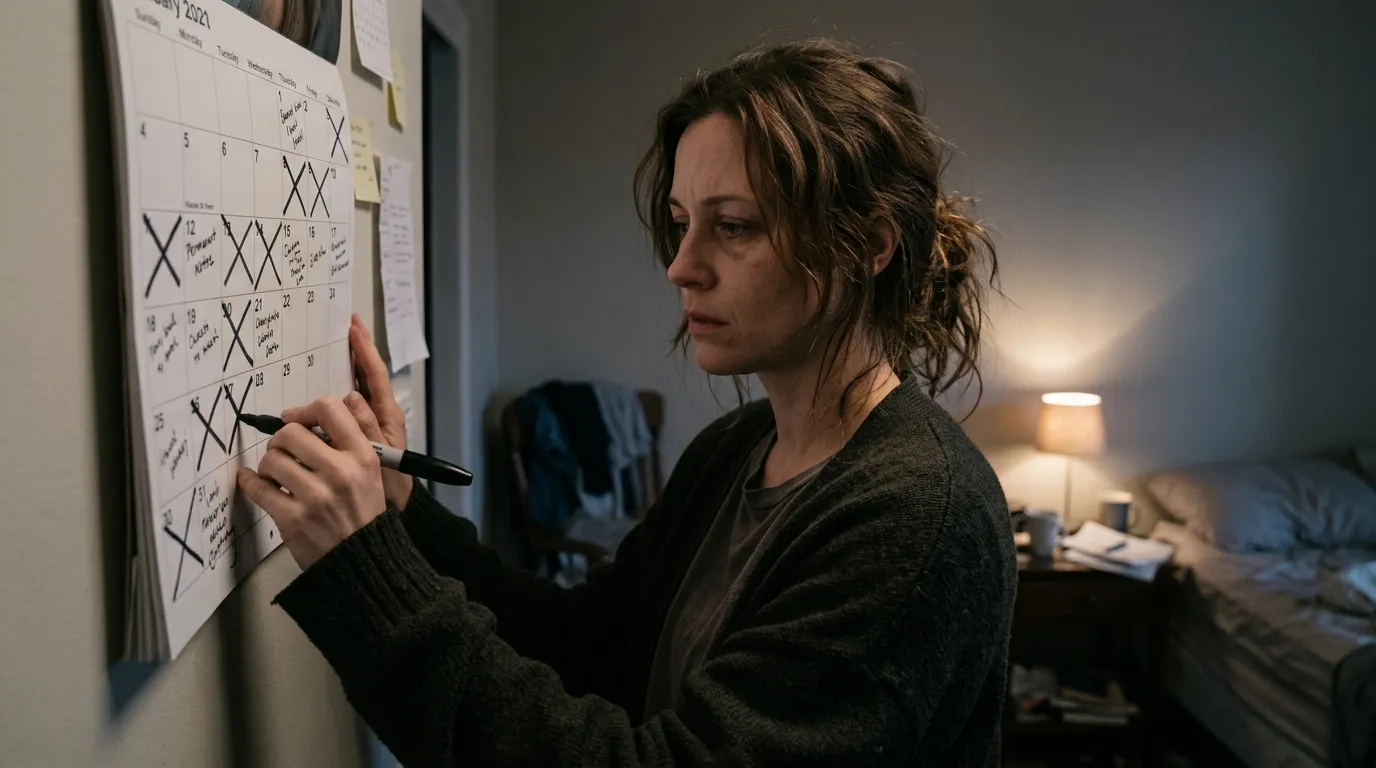 Stressed woman crossing off a date on a bedroom calendar